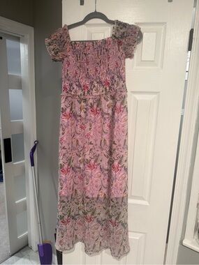 Sam Edelman Pink Floral Smocked Midi Dress with Puff Sleeves